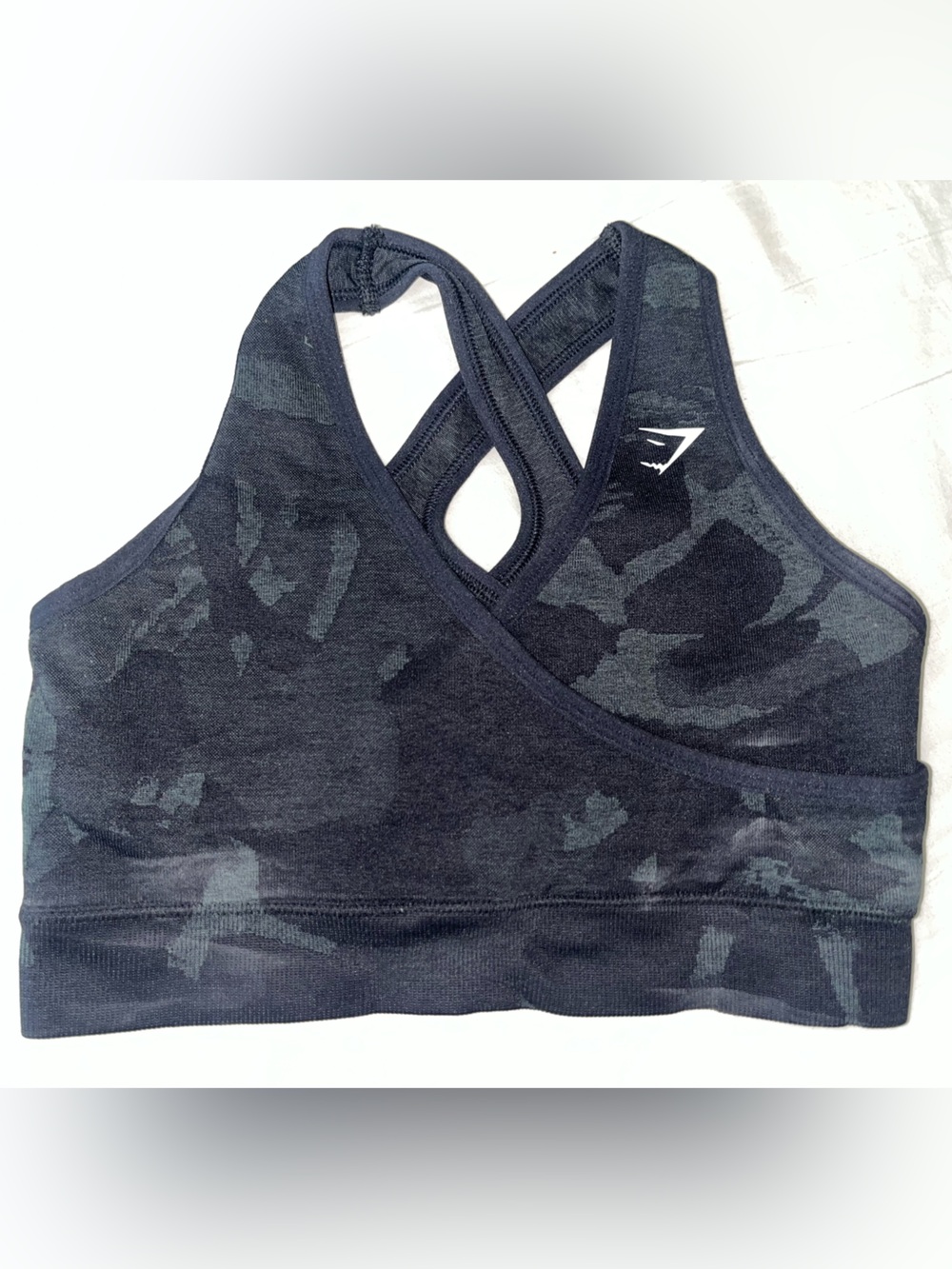 Gymshark Adapt Black & Dark Gray Camo Cross-Back Seamless Sports Bra